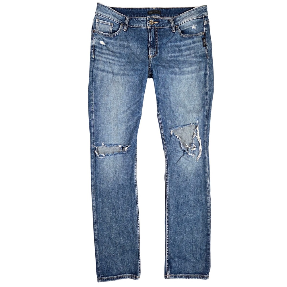 Silver Jeans Co Elyse Straight Distressed Denim W31 L32 Medium Wash L03403SOP231